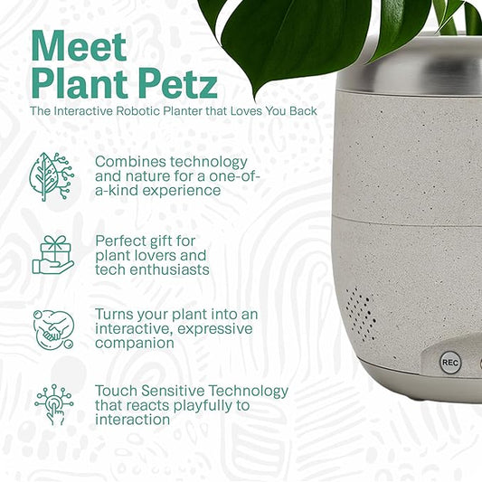 PLANTPETZ Large Robotic Planter – Smart Planter Fits 4 Inch Pots | Bluetooth Speaker | Interactive Smart Plant Pot Turns A Real Plant Into a Touch/Motion Responsive Companion - Sand Beach Tan