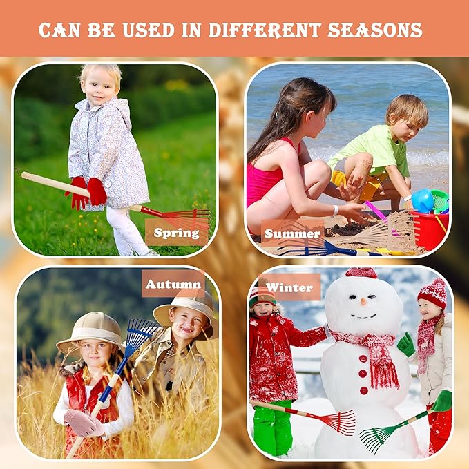 4 Set Kids Leaves Rakes with Hardwood Handle Metal Rakes Child Garden Lawn Rake with 4 Pairs Gloves for Garden Leaves Tools