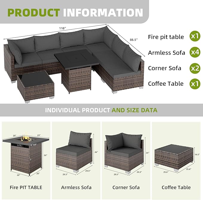 7/8-Piece Patio Conversation Set with Fire Pit Table, Outdoor All-Weather Rattan Sofa Sectional, Handwoven Wicker Furniture for Backyard, Easy Assembly & Weather-Resistant Design