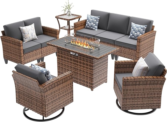 UDPATIO Patio Furniture Set with Fire Pit Table, Rocking Swivel Chairs, 6 Pieces Outdoor Conversation Sets, All-Weather Wicker Outdoor Sectional Sofa with Waterproof Cover, 4'' Thickened Cushion, Grey