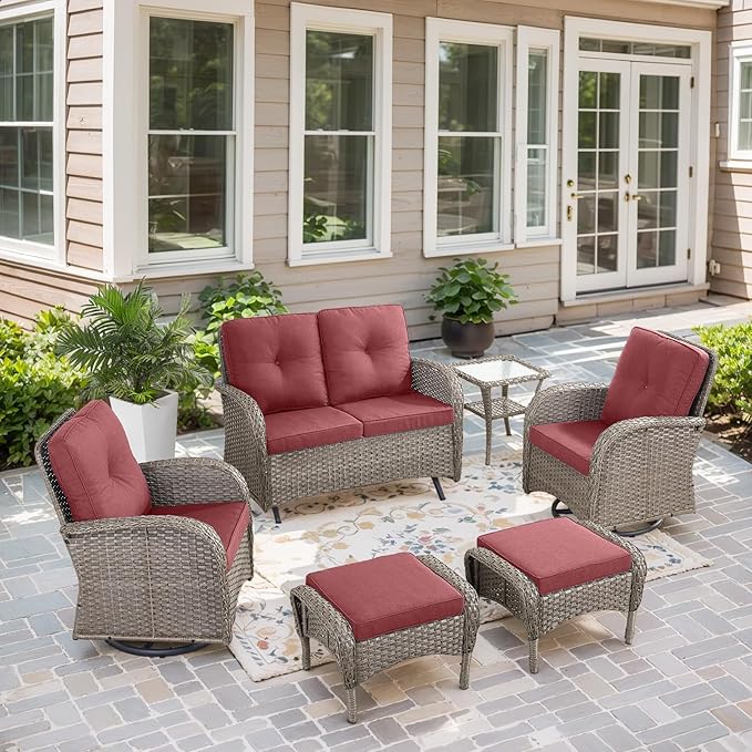 Belord 5 Piece Outdoor Patio Furniture Set with Deep Seating Swivel Rocker Chairs Loveseat and Rattan Coffee Table Outdoor Conversation Sets for Deck Backyard Poolside,Gray Wicker Red Cushion