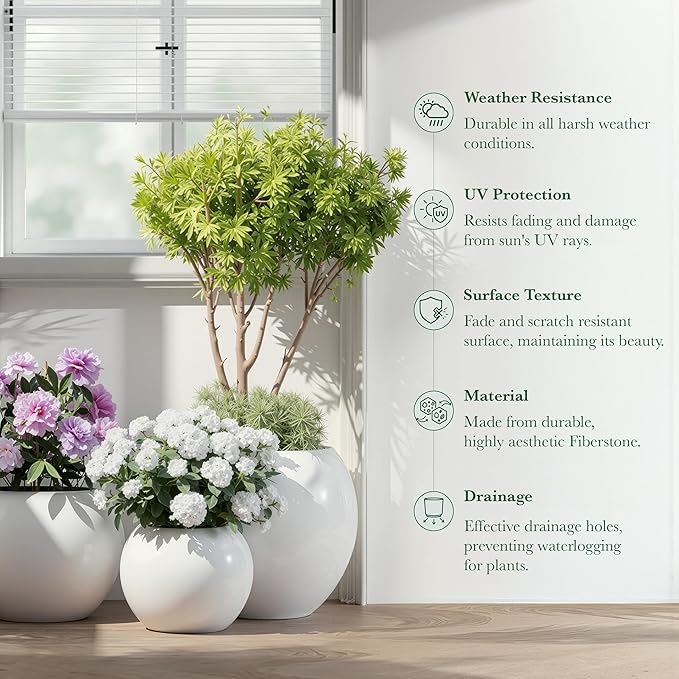 DTY Signature Mount Sherman Modern Indoor Outdoor Fiberstone Sphere Planter, Durable Round Garden Pot, Weather Resistant, Drainage Hole & Rubber Plug, Planter for Christmas Tree - Large, White