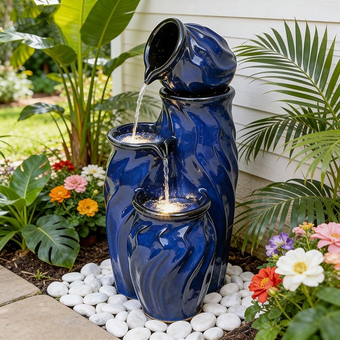 Ultym 29" Ceramic Outdoor Water Fountain, Sleek Cobalt Blue 4-Tier Stacked Waterfall with Wave Design, Weather-Resisant for Garden Patio Yard Porch Decor, Creates Relaxing Serene Oasis