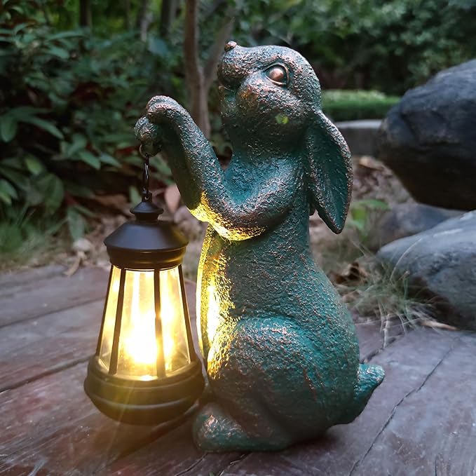 RCTTICUU Rabbit Garden Statue Outdoor Décor with Solar Lights Lantern,Rabbit Solar Light Figurines Outside Decorations for Yard，Lawn, Patio, Balcony, Unique Housewarming Gifts