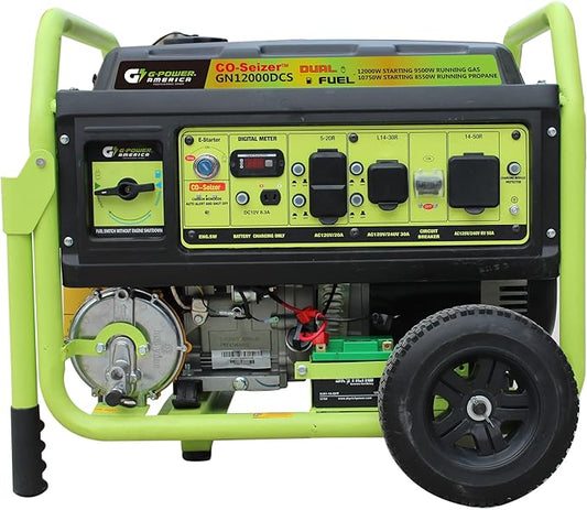 Green-Power America 12000 Watt Dual Fuel Portable Generator,Gas or Propane Powered,Recoil Start, Equipped with CO-Seizer CO Protection System,49 State Approved