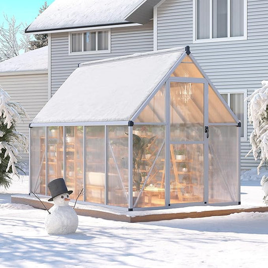 6 x 9 ft Greenhouse, Polycarbonate Walk-in Greenhouse with Aluminum Frame, Adjustable Roof Vent and Lockable Door, Easy Assembly, Green Houses for Outside, Garden, Backyard and Patio