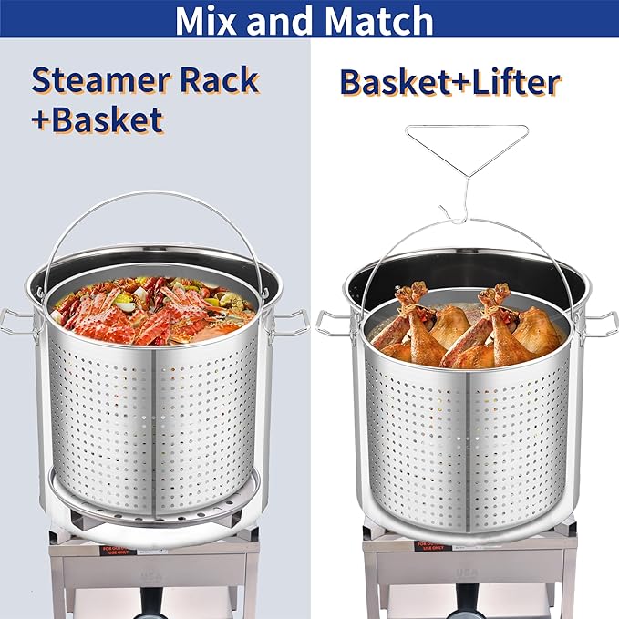 ARC 84QT Stainless Steel Pot with 200,000 BTU Propane Burner - Seafood Boil Pot, Crab Boil Pot, Lobster Pot, Shrimp Boil Pot, Tamale Steamer Pot with Basket and Turkey Fryer Burner