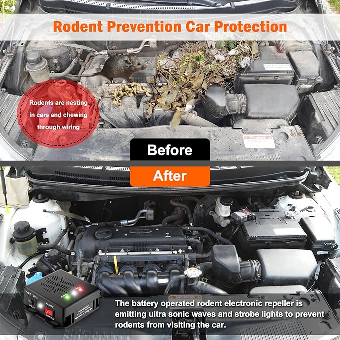 Rodent Repellent for Car, Battery Powered Under Hood Animal Repeller, Ultrasonic Rat and Mice Deterrent Device, Electronic Pest Control for RV, Truck, Garage, Vehicle Engine Protection, Pack of 2