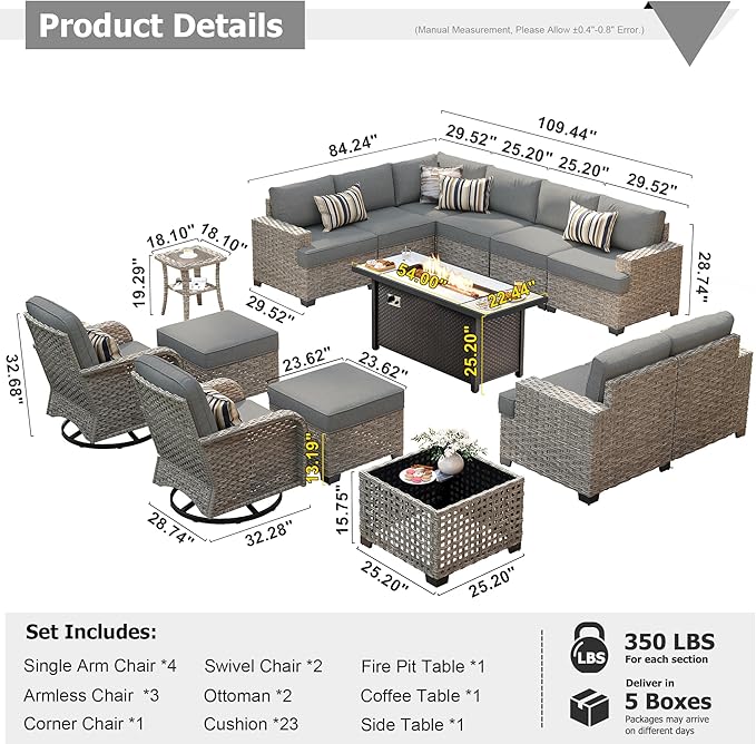HOOOWOOO Outdoor Sectional Patio Furniture Set with Fire Pit Table,15 Pieces Wicker Conversation Sets L Shaped Couch,Extra Deep Out Door Outside Sofa Furniture with Swivel Chair Ottoman,Charcoal Gray