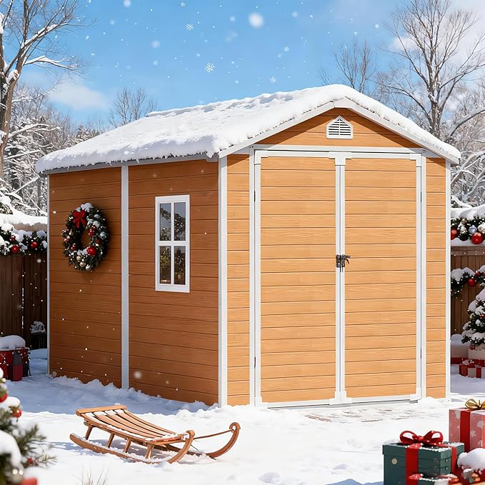 8X6 FT Resin Outdoor Storage Shed with Floor,Water Drainge Roof Plastic Sheds with Windows and Lockable Doors,Thickened Panel All-Weather Resistant Tool Storage Shed for Garden Backyard Patio, Brown