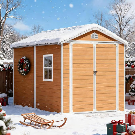 8X6 FT Resin Outdoor Storage Shed with Floor,Water Drainge Roof Plastic Sheds with Windows and Lockable Doors,Thickened Panel All-Weather Resistant Tool Storage Shed for Garden Backyard Patio, Brown