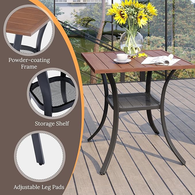VICLLAX Small Square Outdoor Patio Table, All Weather Metal Outdoor Dining Table for Lawn Garden, 27.5"x 27.5" Patio Table for Outside, Walnut Tabletop