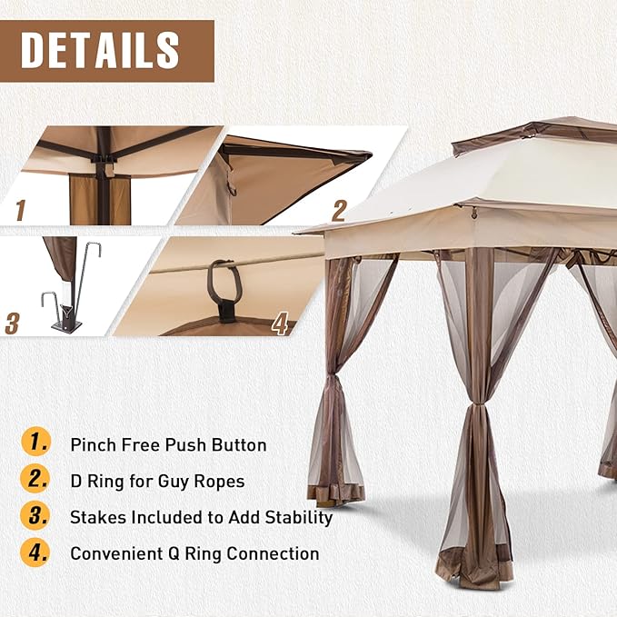 INTER HUT 11x11 Outdoor Pop up Gazebo Tent with Mesh Walls for Patio, Lawn, Backyard and Deck, Beige