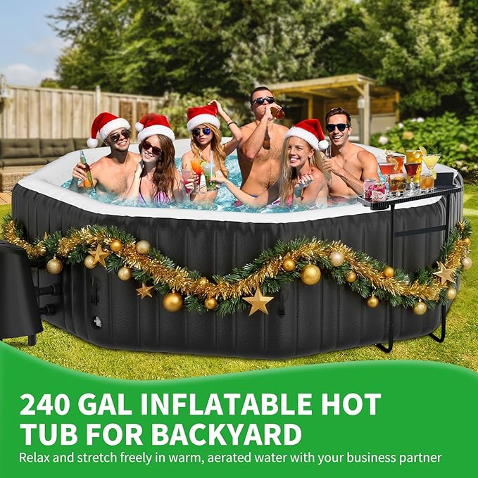 4-6 Person Inflatable Hot Tub, Polygon Portable Blow Up Hot Tub, Leak-Proof PVC Outdoor Spa with 130 Strong Air Jets, Heater Pump and Insulated Cover, 77” X 77”X 25”