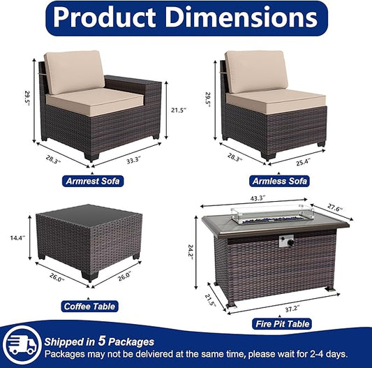 Outdoor Patio Furniture Set with Gas Fire Pit Table, 7 Pieces Patio Furniture Set Outdoor Sectional Sofa w/43in Propane Fire Pit, PE Wicker Rattan Patio Conversation Sets - Sand.