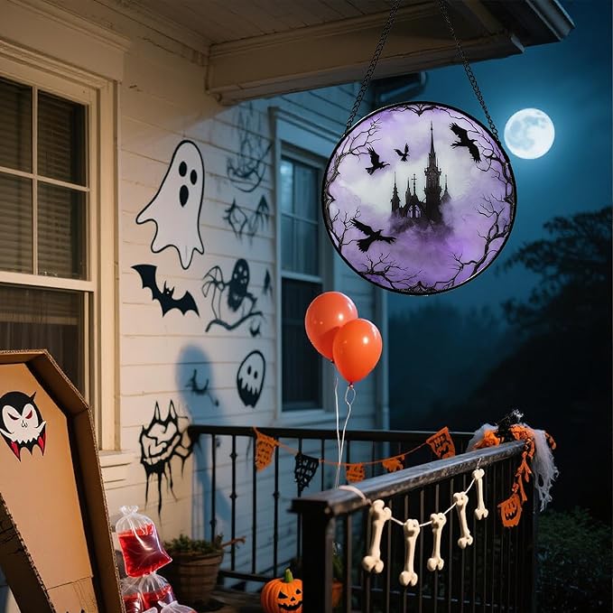 CRISGIF Stained Glass Window Hanging - Halloween Gothic Castle Purple Smoke Suncatcher for Doors Garden Home Spooky Crow Sun Catchers Gothic Decor Horror Gift for Women Men Friend Boy Girl 6.3 in