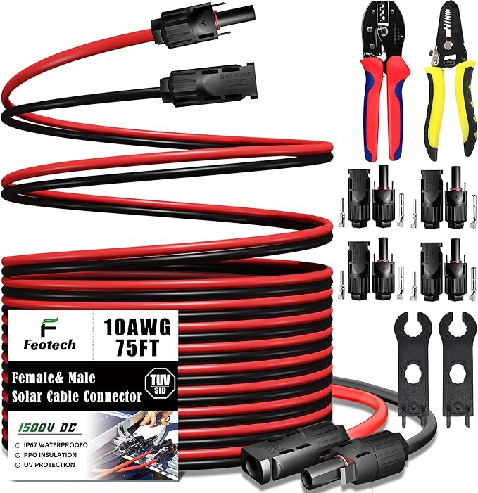Twin Wire 70FT Solar Extension Cable - 10AWG (6mm²) Solar Panel Connector, with IP67-Male/Female Solar connectors for Outdoor Automotive RV Boat Marine Solar Panel- Black & Red