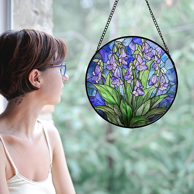 AMDERVEN Stained Glass Suncatcher, Blue Purple Flowers Green Leaves Sun Catcher Plants Stain Glass Window Hanging Decoration Mother's Day Birthday Gifts for Women Men Mom and Nana 9.8 in