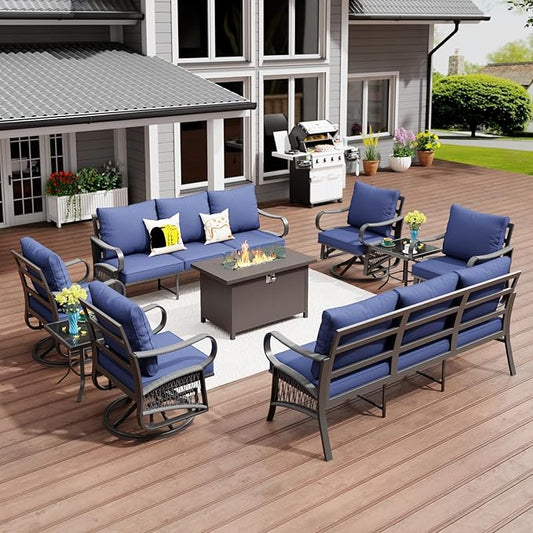 9 Piece Patio Furniture Set, 4 Single Swivel Chairs, Rope Braided Exposed with Thick Cushions, Outdoor All Weather Patio Conversation Sectional Sofa Set for Garden, Porch, Lawn, Blue