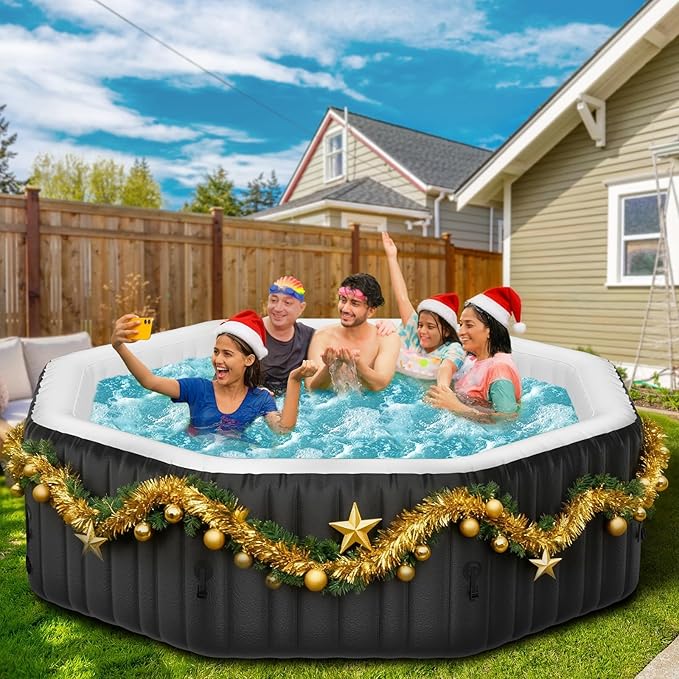 4-6 Person Inflatable Hot Tub, Polygon Portable Blow Up Hot Tub, Leak-Proof PVC Outdoor Spa with 130 Strong Air Jets, Heater Pump and Insulated Cover, 77” X 77”X 25”