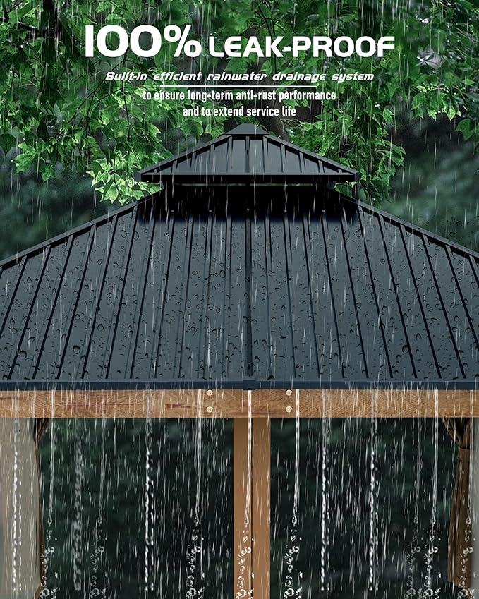 GarveeLife Hardtop Wood Gazebo 12 ft x16 ft for All Weather, with Double Metal Roof, Heavy Duty Wooden Frame, Net, and Curtain, Permanent Building for Patio, Deck, Backyard, Lawn, and Garden, Khaki