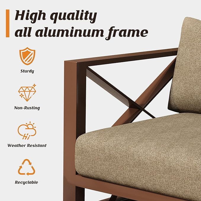 Aluminum Outdoor Furniture Set,5-Seats Patio Sectional Conversation Sofa with 6" All-Weather Cushions and Coffee Table,Patio Furniture Set for Deck, Porch, Garden (Brown)