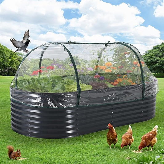 Oval Galvanized Raised Garden Bed Kit with Zippered PVC Cover, Easy Assembly, Thick Metal Outdoor Planter Box for Vegetables, Flowers, Patio Gardening, Grey
