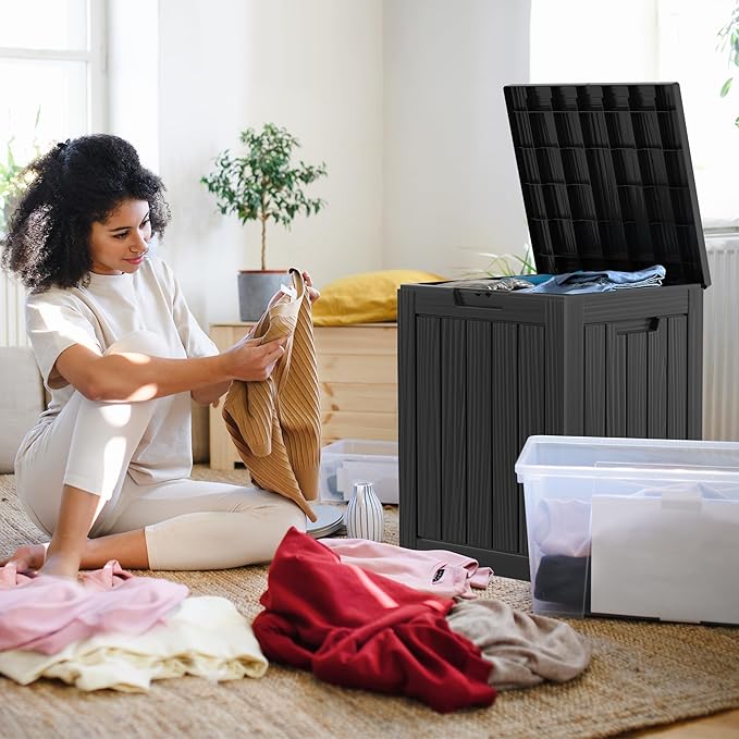 29 Gallon Deck Box Large Outdoor Storage for Patio Furniture,Outdoor Cushions,Garden Tools and Pool Supplies,Waterproof,Resin,Lockable(Black)