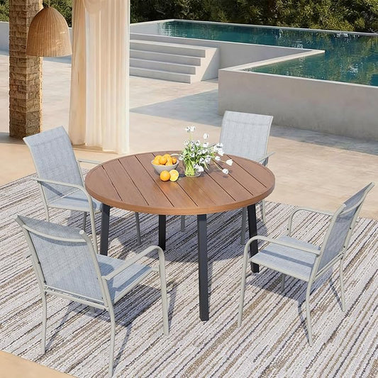 5 Pieces Patio Dining Set for 4, Beige Blue Patio Stackable Chairs and Walnut Round Table Set of 4, Outdoor Furniture Set with Sling Support for Outside, Garden
