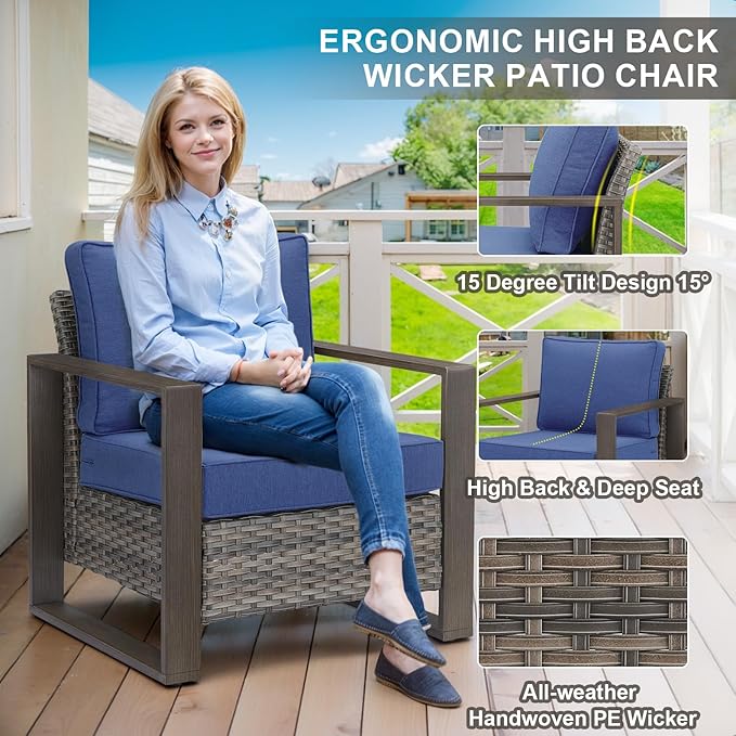 Belord Patio Wicker Chairs Set of 2-350 LBS Weight Capacity Wicker Outdoor Club Chair Set with Metal Wide Armrests for Porch Deck Sunroom Backyard