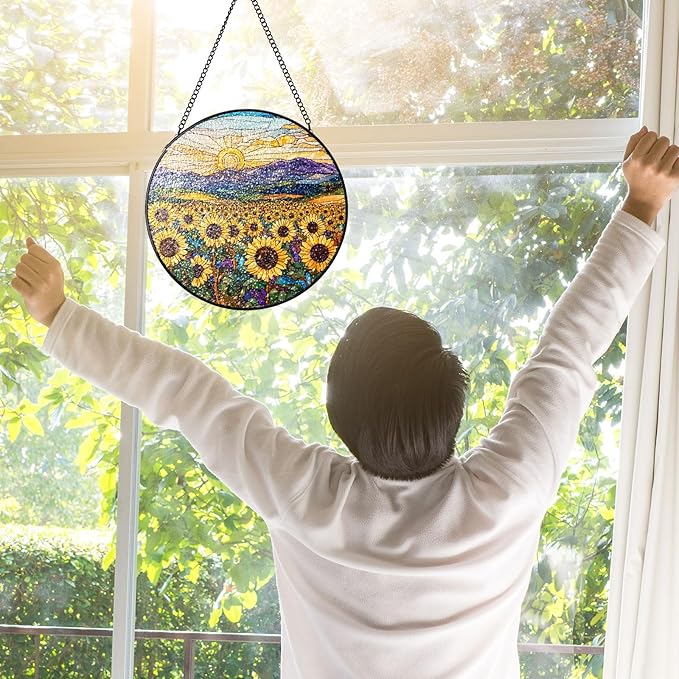 Stained Glass Window Hanging, Sunflowers Mountain Sun Stained Glass Suncatchers Indoor Windows Glass Panel Garden Hanging Decor Birthday for Women 6.3 in