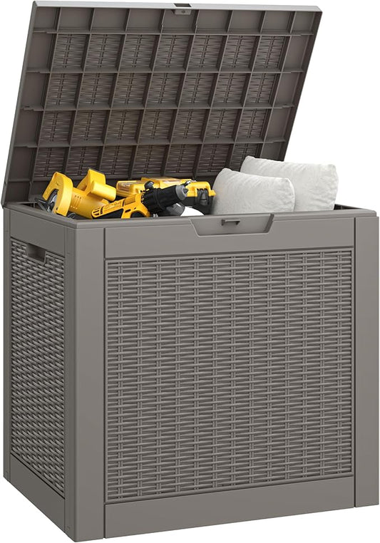30 Gallon Outdoor Storage Deck Box Waterproof,Garden Tool,Backyard Cushion,Poolside Storage,Small Delivery Boxes for Outside,Lockable Lid,Rattan Grey