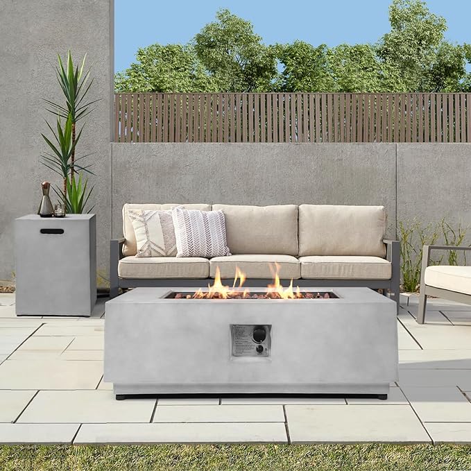 42inch Rectangular Fire Pit Table with Propane Tank Cover, Concrete Fire Table Outdoor CSA Certified 50,000 BTU Gas Firepits for Outside Patio Backyard Deck Garden, Grey