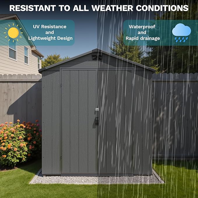 Devoko 6x10 FT Plastic Outdoor Storage Shed - Lockable Resin Tool Shed with Window & Floor - Easy Assembly for Garden, Backyard, Dark Gray