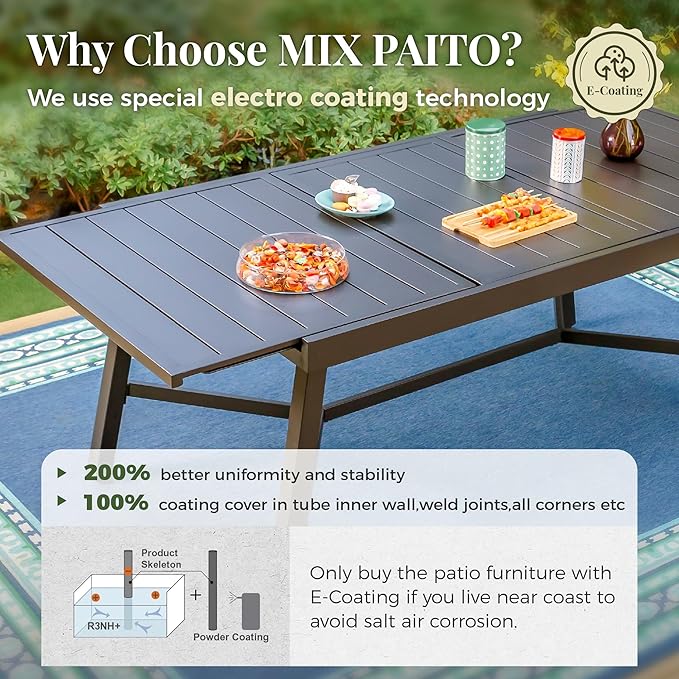 7 Pieces Patio Table and Chairs Set, Patio Dining Set for 6, 6 Textilene Chairs and 1 Expandable Patio Dining Table with Umbrella Hole, for Deck Backyard Lawn Poolside, Brown