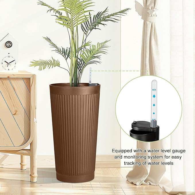 24" Tall Self Watering Planters for Indoor Plants, 2 Pack Large Plastic Outdoor Planter Pots with Built-In Water Reservoir and Level Indicator, Decorative Modern Flower Pots for Home & Patio (Brown)