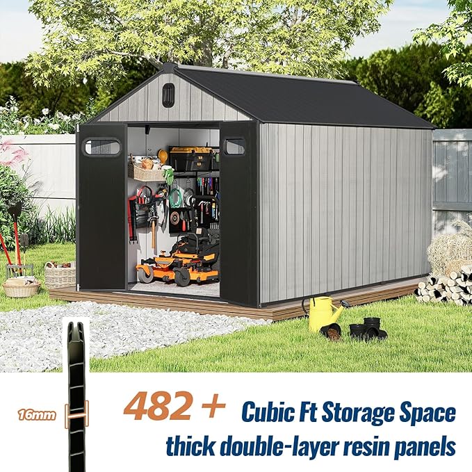 Domi 8x10Ft Resin Outdoor Storage Shed, Plastic Garden Shed with Carpet, Outside Weatherproof Storage Building for Tools, Bike, Lawn Mower, Patio, Backyard