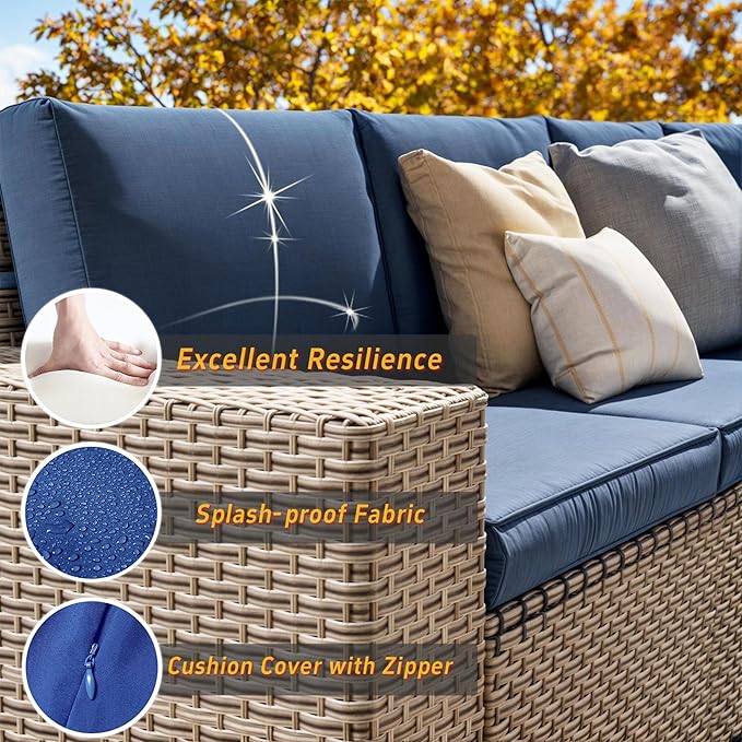 12 Pieces Patio Furniture Set, Outdoor Sectional Wicker Sofa with Thickened Cushions and Coffee Table, High Back Rattan Patio Conversation Sets for Garden Backyard, Navy