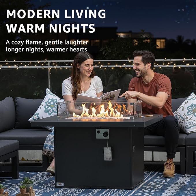 NICESOUL 43'' Aluminum Fire Pit Table, 60,000 BTU Propane/Natural Gas Outdoor Firepit with Wind Guard & Glass Rocks, All-Weather Rectangular Fireplace for Outside Patio CSA-Certified, Ember Black