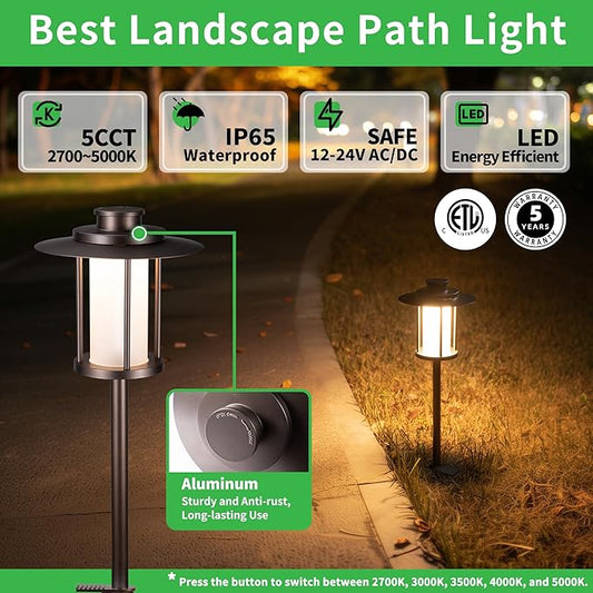 Varmtalys Pathway Landscaping Lighting Low Voltage, 5CCT Adjustable Setting Garden Path Light LED 12V, Outdoor Waterproof Walkway Lights, 5W 150LM ORB All Aluminum for Outside Patio Yard (10 Pack)