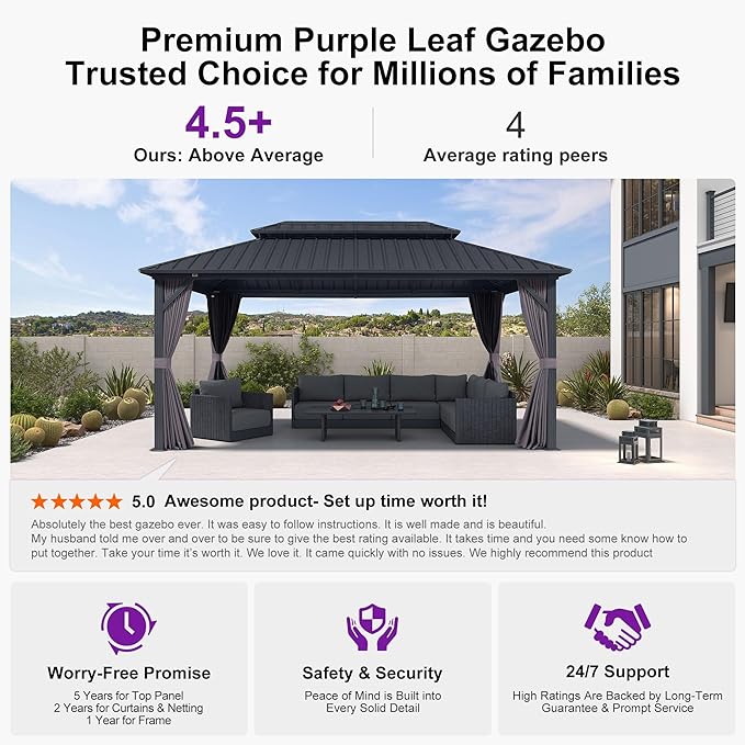 PURPLE LEAF 10' X 16' Permanent Hardtop Gazebo Aluminum Frame with Galvanized Steel Double Vented Roof Includes Removable Netting and Curtains with Hooks for Garden Patio Lawns Grey