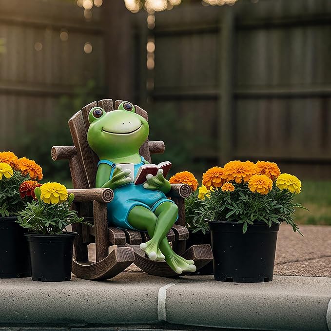 Flytime Frog Garden Decor, Outdoor Garden Statue,Frog on Rocking Chair,Suitable for Indoor and Outdoor Patios, Gardens, Flowers, and Lawns, A Whimsical Decoration(Coffee)