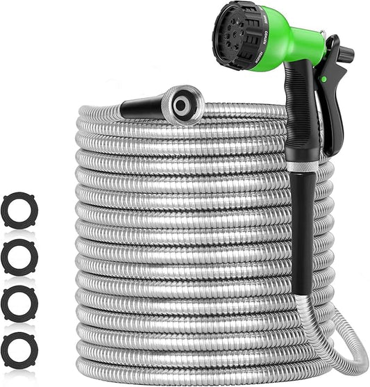 SPECILITE 75ft 304 Stainless Steel Garden Hose Metal, Heavy Duty Water Pipe with Nozzles for Yard, Outdoor - Flexible, Never Kink & Tangle, Puncture Resistant (Sliver)