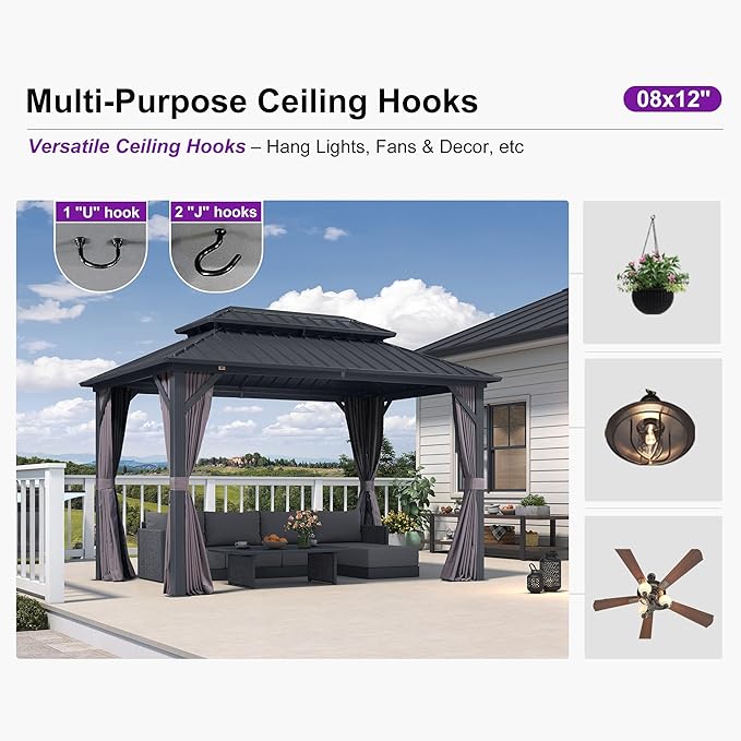 PURPLE LEAF 08'x12' Hardtop Outdoor Patio Gazebo with Lights UV Protected Aluminum Double Roof Galvanized Steel Frame Includes Netting and Curtains for Deck Garden Backyard Grey