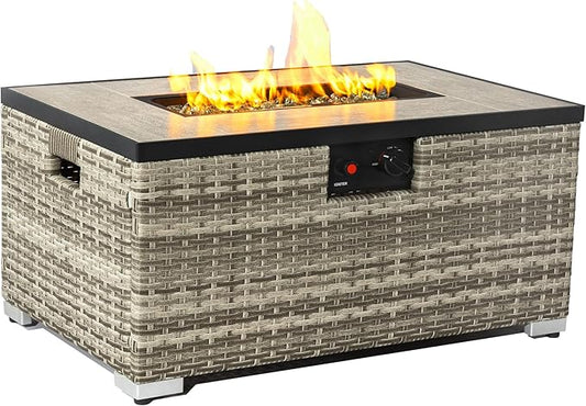 32in Gas Fire Pit Table Set, 50,000 BTU Propane Fire Pit Table Outdoor with Rain Cover, Hideaway Tank Holder Fits 20lb Tank, Gas Fire Pit for Outside w/Ceramic Tabletop and lid, Glass Rocks.