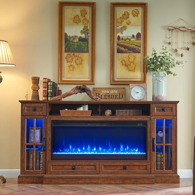 OKD Fireplace TV Stand for 80 Inch TV, Farmhouse Entertainment Center with 42" Fireplace & LED Lights, Modern Media Console Table with Storage Drawers & Cabinets for Living Room, Reclaimed Barnwood
