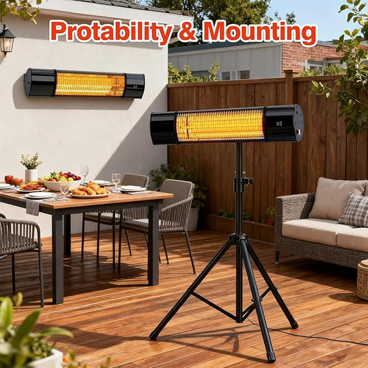 Infrared Electric Patio Heater, Colliford Indoor/Outdoor Heater, Standing Heaters for Garage, Backyard, Carbon Infrared Patio Heater with Tripod & Tip-Over Protection-1500W