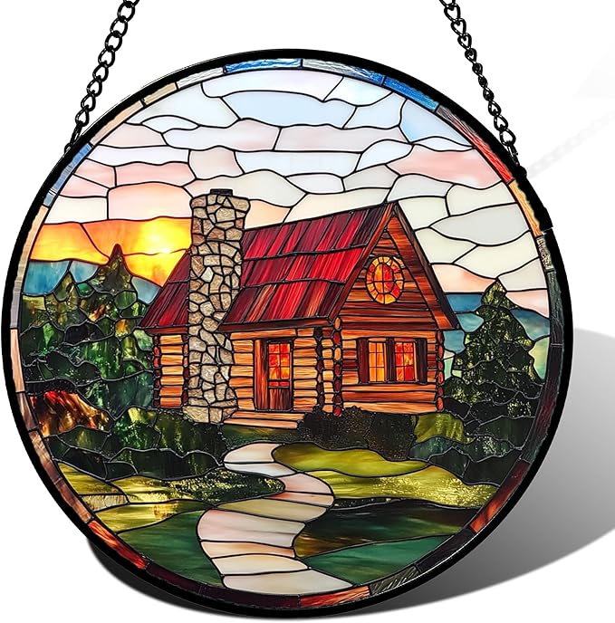 QZQCBLC Stained Glass Window Hanging Red Wooden House Pastoral Scenery Large 15" - Suncatcher Door Garden Sun Catcher Home Decor Birthday Christmas for Mom Men Woman Nana Friend