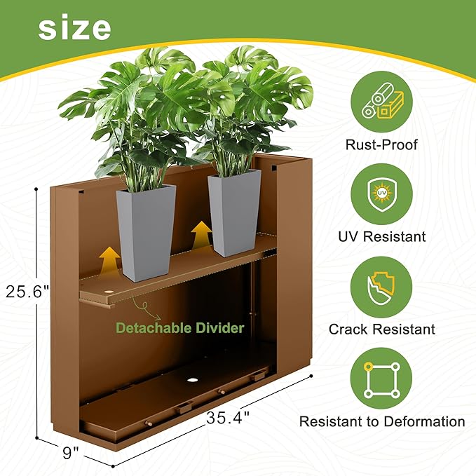 FENCY Metal Rectangular Planter Box for Outdoor - Large Planters with Drainage Holes (35.4" L x 9" W x 25.6" H, Brown)