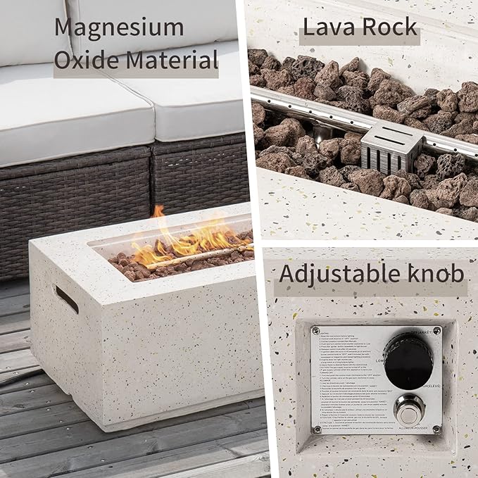 SUNBURY Outdoor Propane Fire Pit Coffee Table, 42 Inch Rectangular Firepit Table w Wind Guard, 40,000 BTU Spotted White Concrete Patio Gas Heater Fire Table w Free Waterproof Cover, Lava Rocks